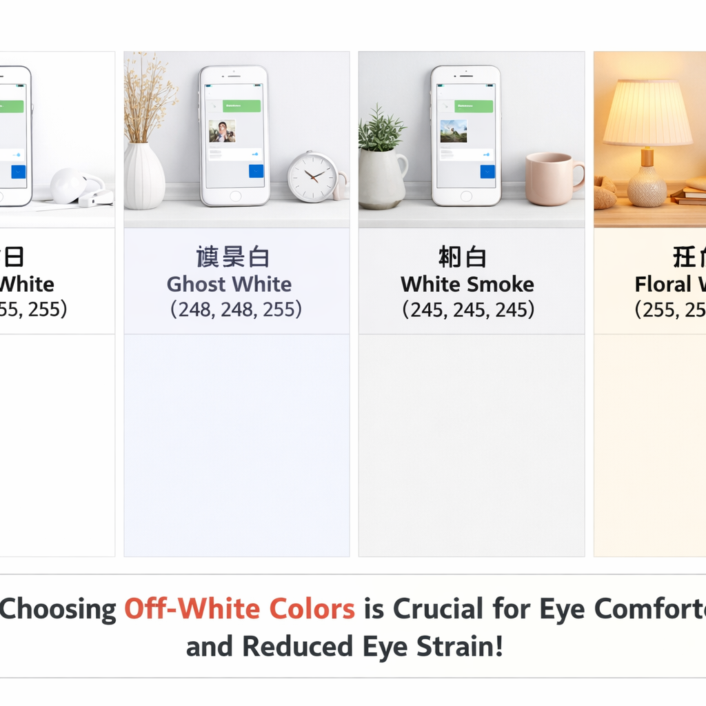 纯白与幽灵白、烟白、花白等近白色RGB数值及视觉效果对比图