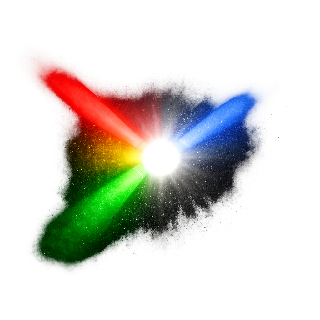 红绿蓝三原色光加色混合实验，展示光线汇聚形成纯白色的过程