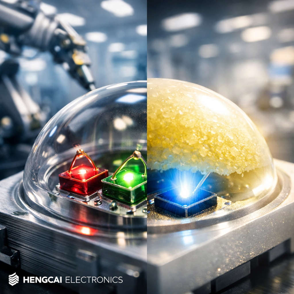 恒彩电子LED生产工艺：RGB灯珠与蓝光芯片加荧光粉制造白光，背景为无尘车间