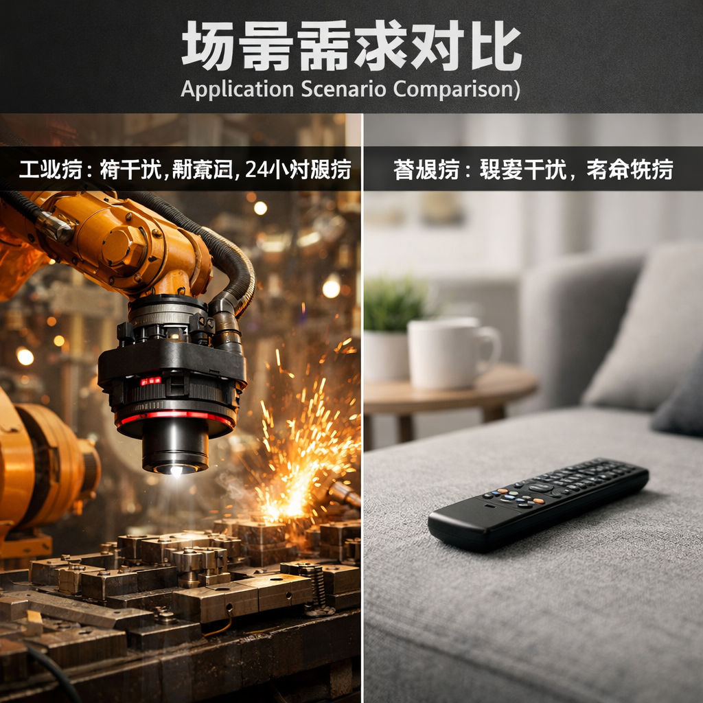 工业级与普通红外LED灯珠应用场景对比:左为复杂工业环境中的机械臂,右为家用电视遥控器,展现不同场景需求。